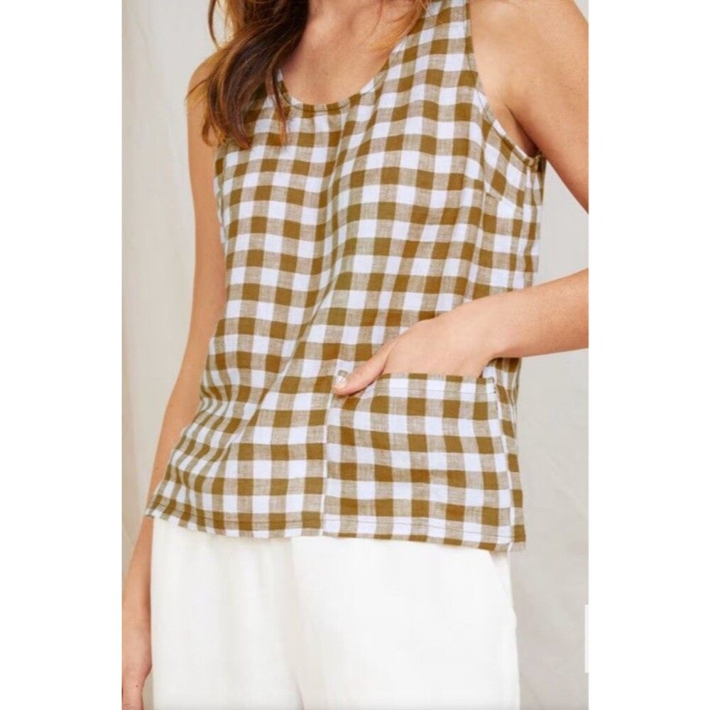 Garnet Hill Vida Gingham Plaid Linen Tank Top Size XL Sleeveless Relaxed NEW